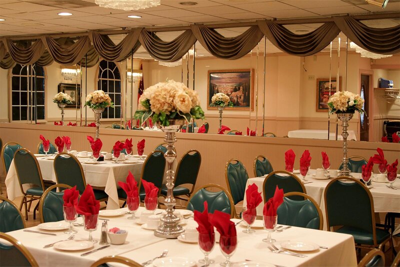 Party room with set tables and large mirrored walls